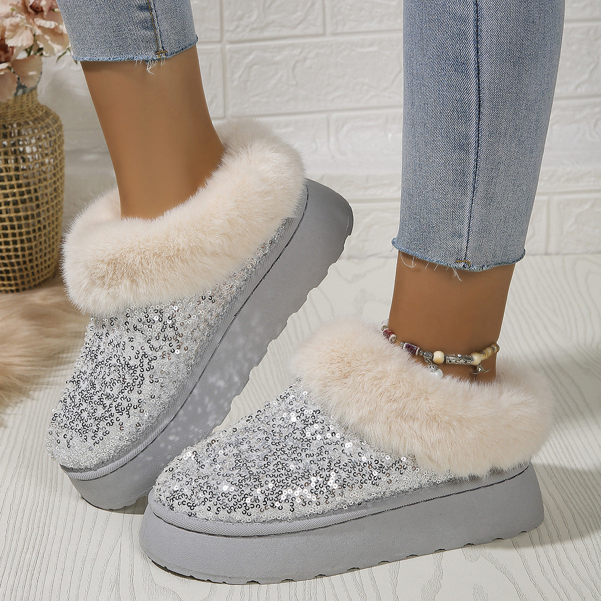Chaussures en peluche à semelles épaisses à paillettes tendance - hiver à l'intérieur et à l'extérieur