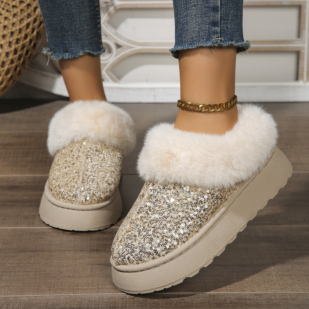 Chaussures en peluche à semelles épaisses à paillettes tendance - hiver à l'intérieur et à l'extérieur