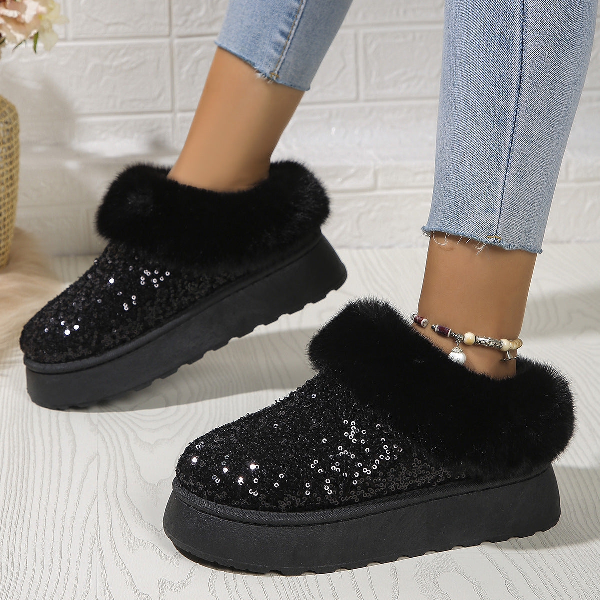 Chaussures en peluche à semelles épaisses à paillettes tendance - hiver à l'intérieur et à l'extérieur