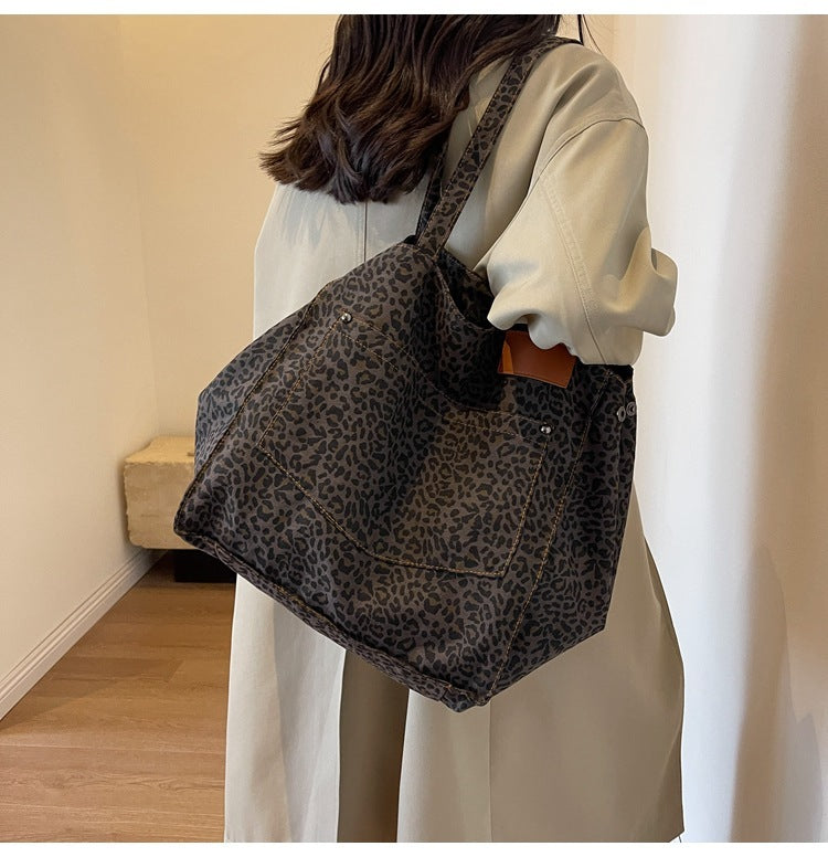 Sac fourre-tout en toile à imprimé léopard de grande capacité
