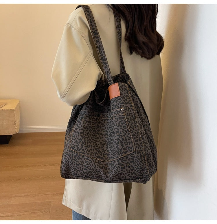 Sac fourre-tout en toile à imprimé léopard de grande capacité