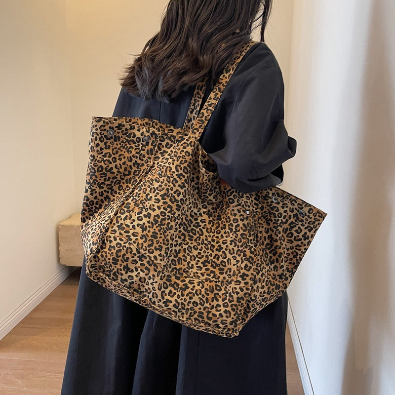 Sac fourre-tout en toile à imprimé léopard de grande capacité
