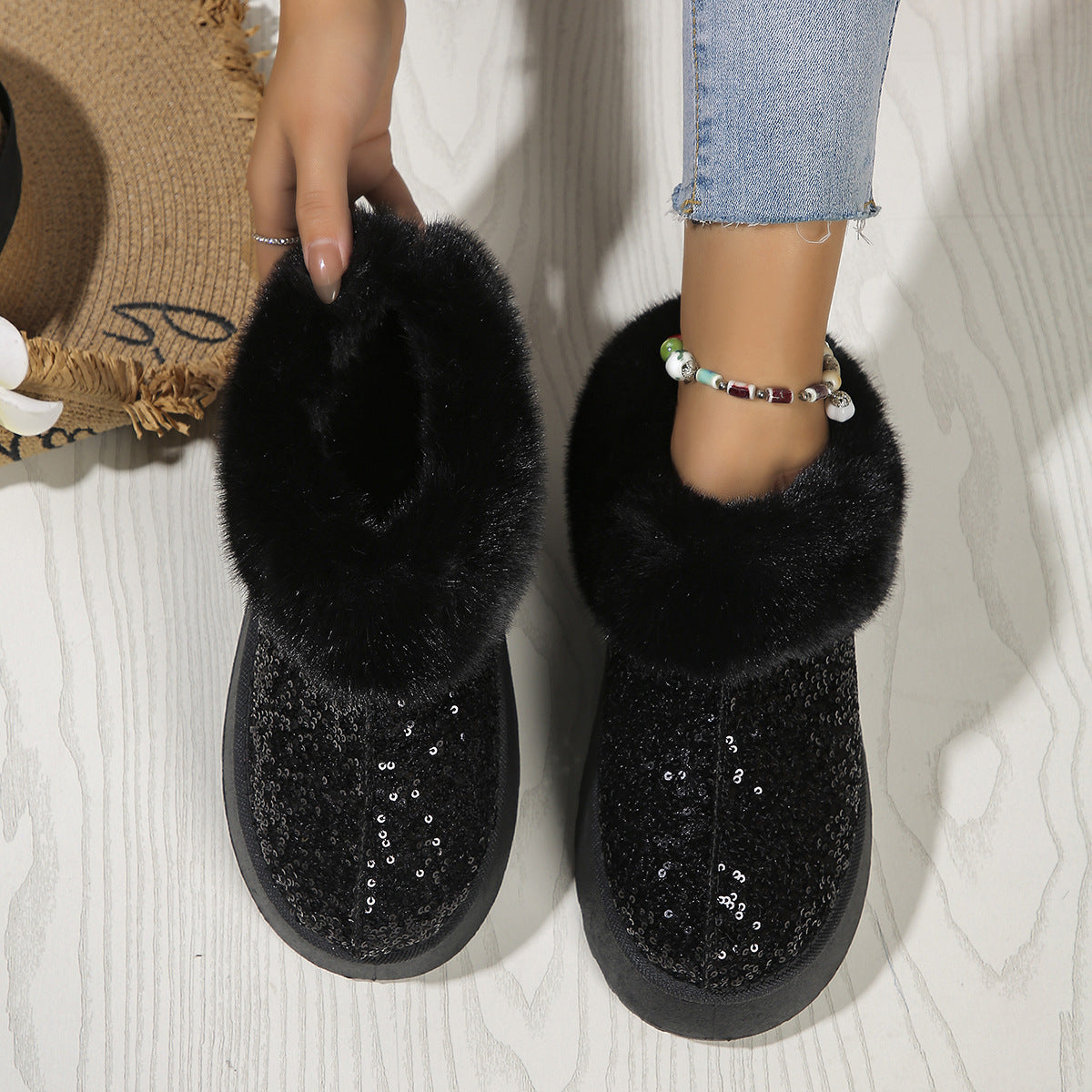 Chaussures en peluche à semelles épaisses à paillettes tendance - hiver à l'intérieur et à l'extérieur