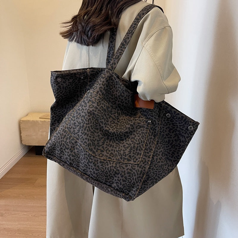 Sac fourre-tout en toile à imprimé léopard de grande capacité