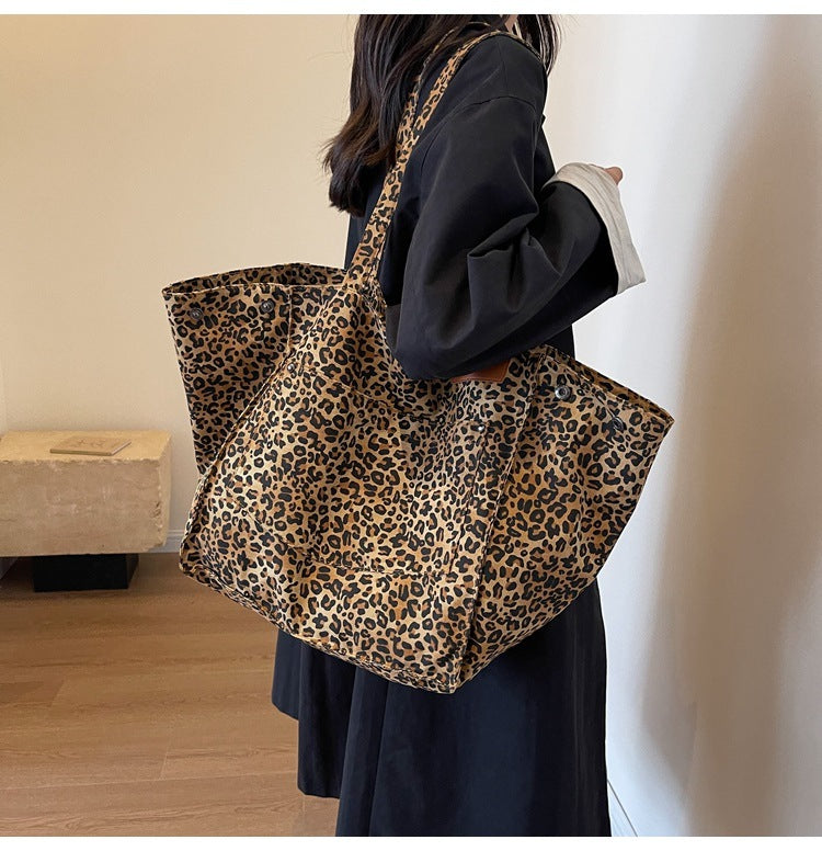 Sac fourre-tout en toile à imprimé léopard de grande capacité