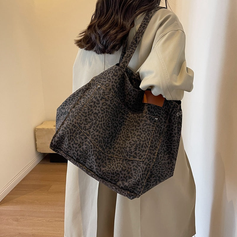 Sac fourre-tout en toile à imprimé léopard de grande capacité