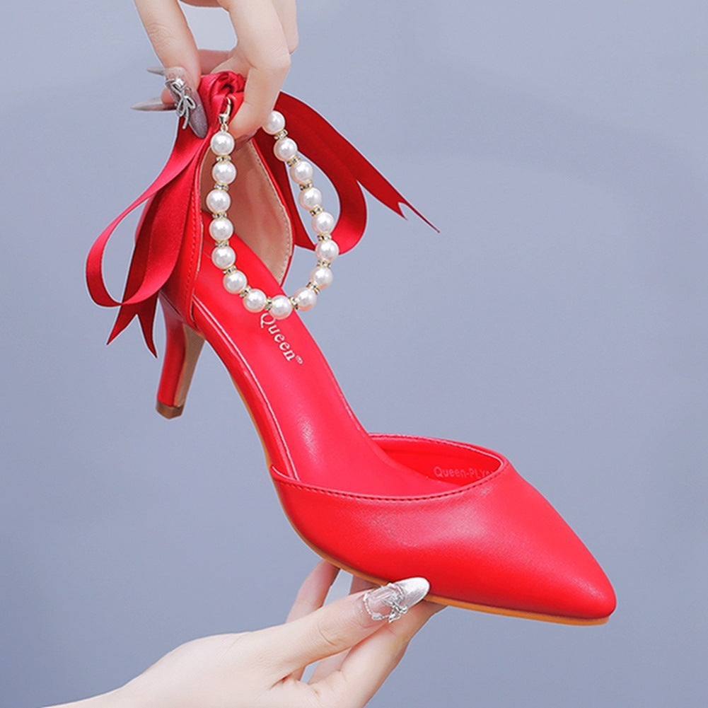 Chaussure ruban perles strass, talon 7cm