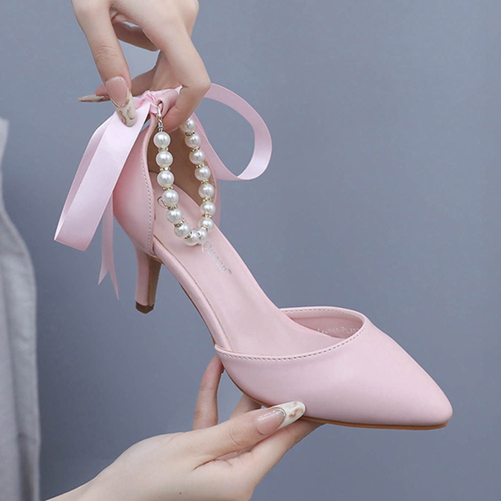 Chaussure ruban perles strass, talon 7cm