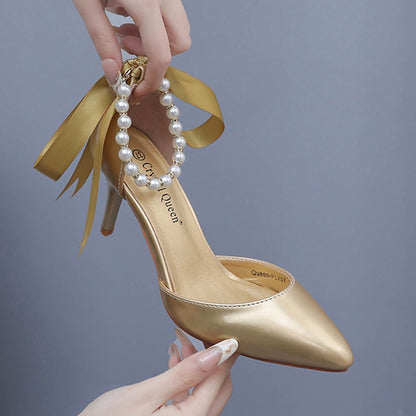 Chaussure ruban perles strass, talon 7cm