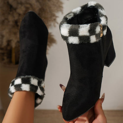 Bottines en peluche imprimées à carreaux pour femmes