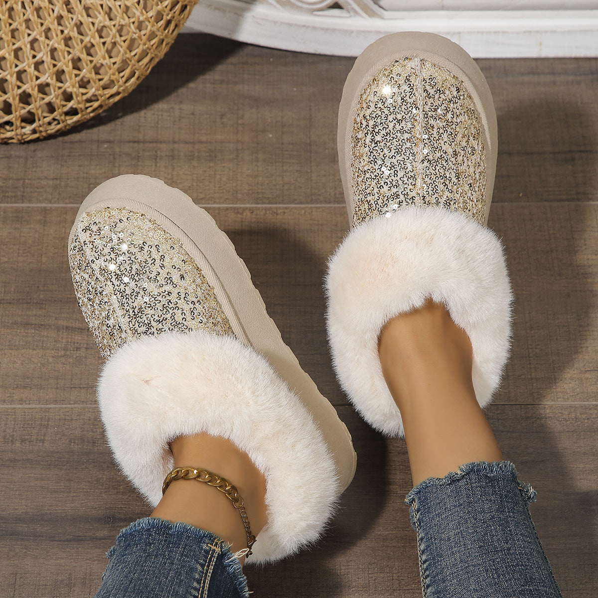 Chaussures en peluche à semelles épaisses à paillettes tendance - hiver à l'intérieur et à l'extérieur