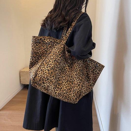 Sac fourre-tout en toile à imprimé léopard de grande capacité